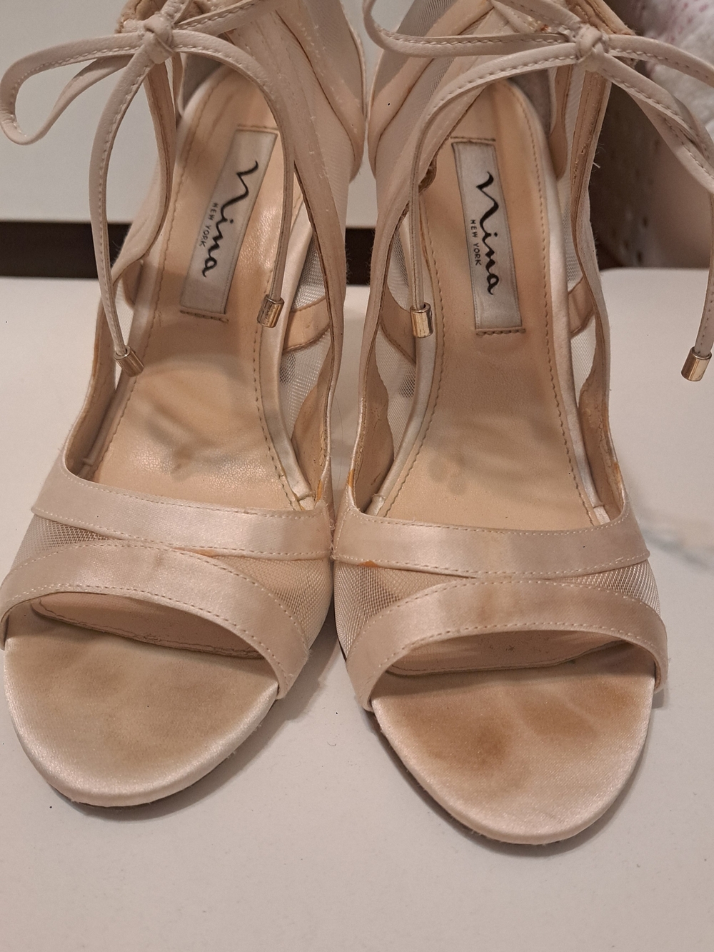 Nina Champagne Satin Lace-Up Open-Toe Heels